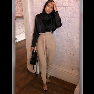 BEIGE TIE FRONT CREPE CIGARETTE PANTS